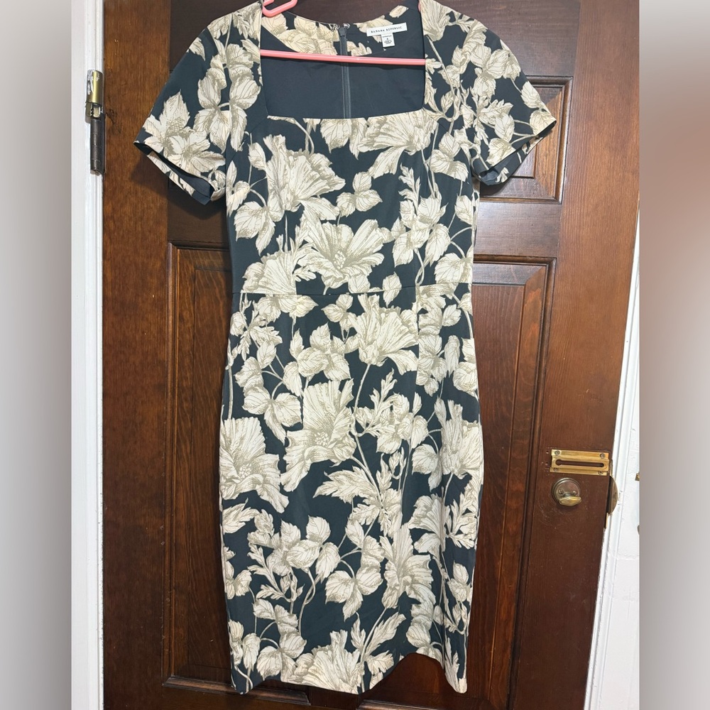 Banana Republic Grey and Green/Cream Floral Above-the-Knee Dress